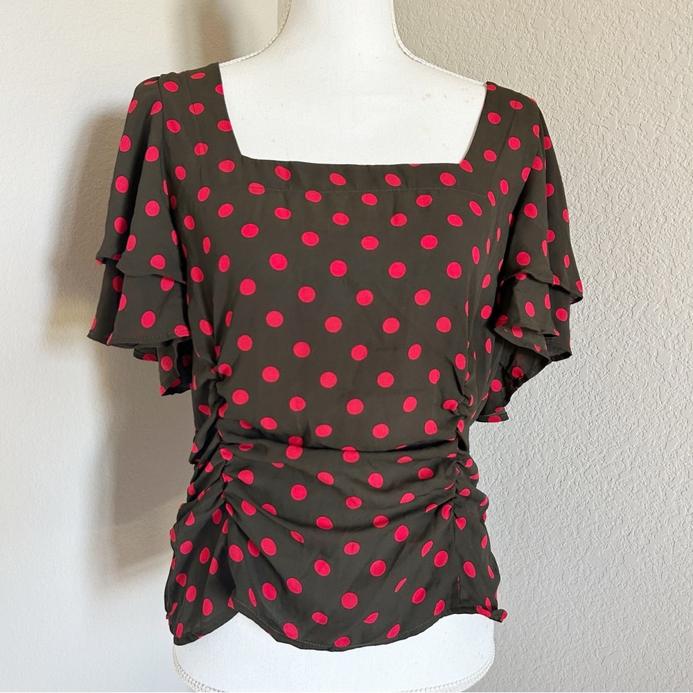 Anthropologie Amadi Polka Dot Retro Flutter Blouse Deep Chocolate Red Size L
